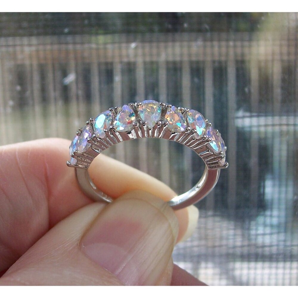 925 STERLING SILVER Aurora Borealis Cubic Zirconia Band Ring - Picture 9 of 16